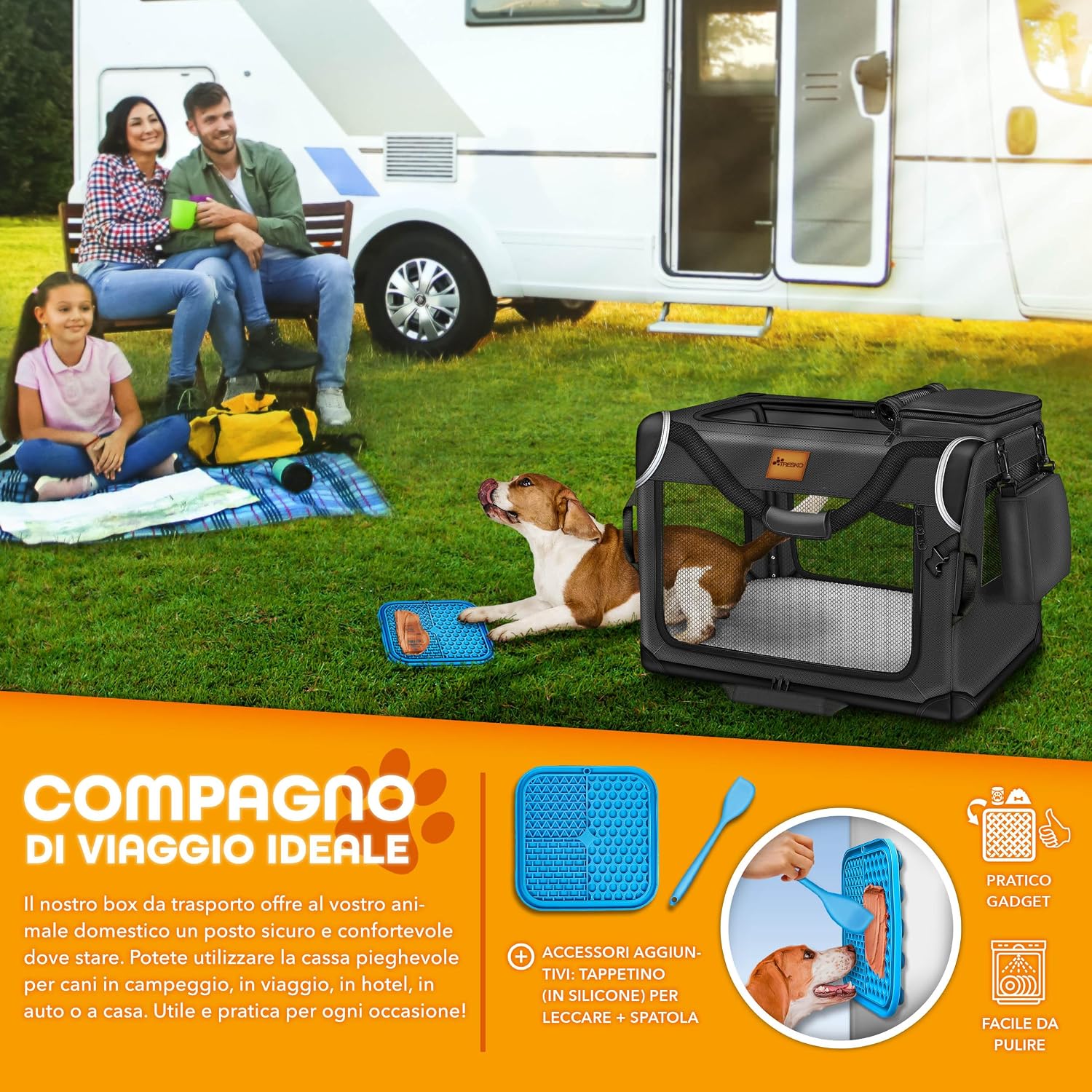 Detalle de TRESKO® Box per cani pieghevole con tappetino e spatola: trasportino robusto per cani e gatti di tutte le taglie (M, 61 x 42 x 42 cm) – nero
