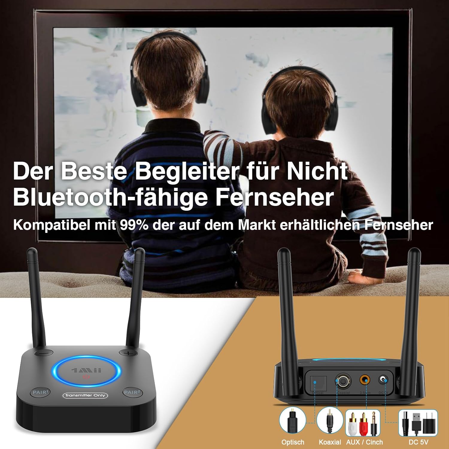 Detalle 2 de 1Mii B06TX Bluetooth 5.3 Transmitter für TV – aptX HD & Low Latency, Dual-Link, Großer Reichweite