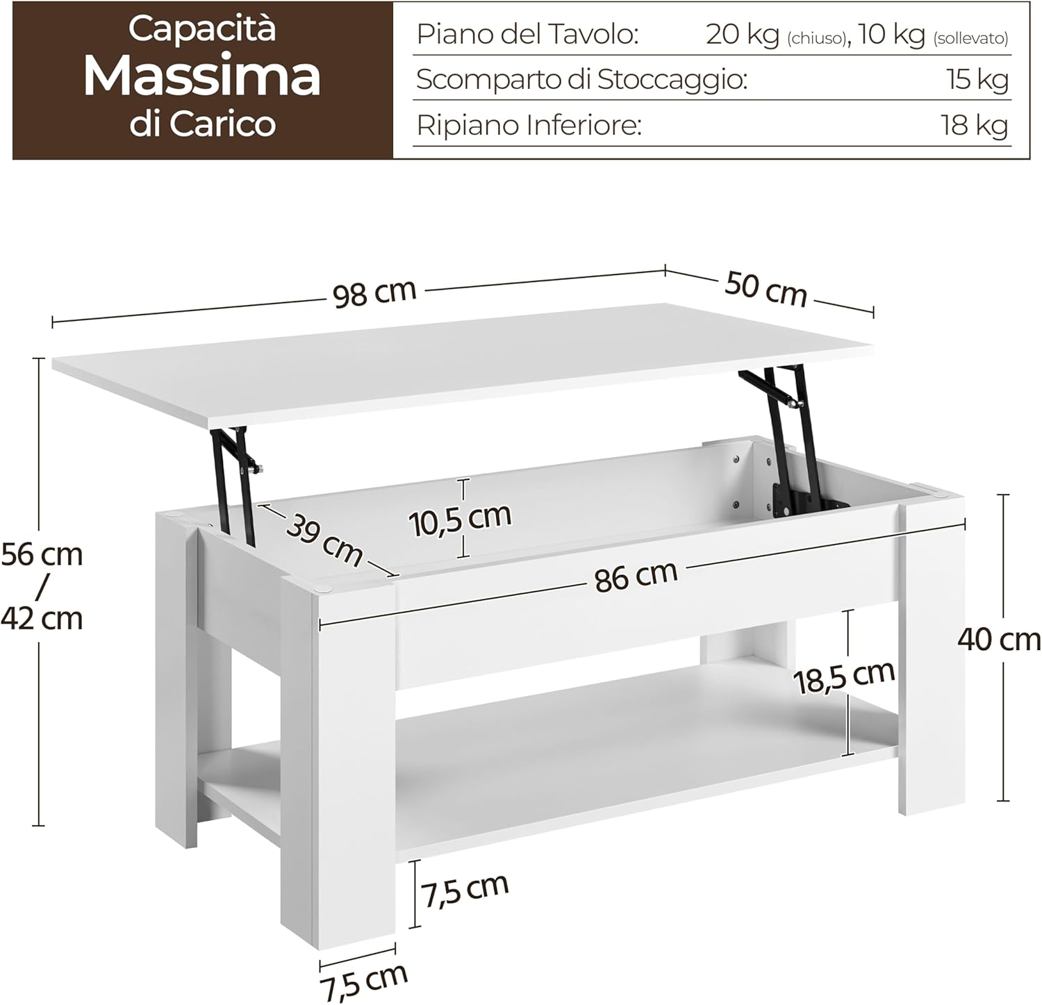 Thumbnail 2 de Yaheetech Tavolino da caffè sollevabile elevabile con ripiano inferiore 98 x 50 x 42-56 cm, bianco