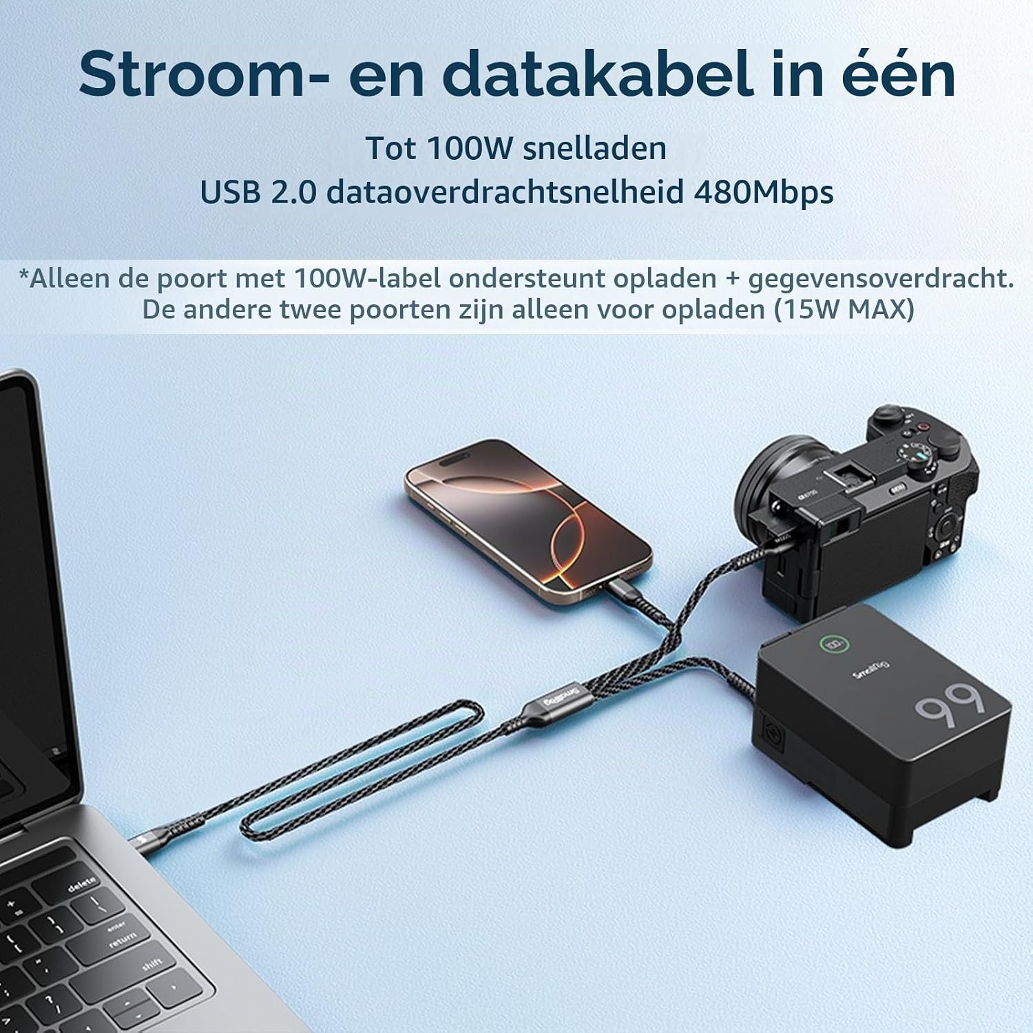 Thumbnail 3 de SMALLRIG 5079 3-in-1 USB-C-oplaadkabel, 100 W en USB 2.0-dataoverdracht
