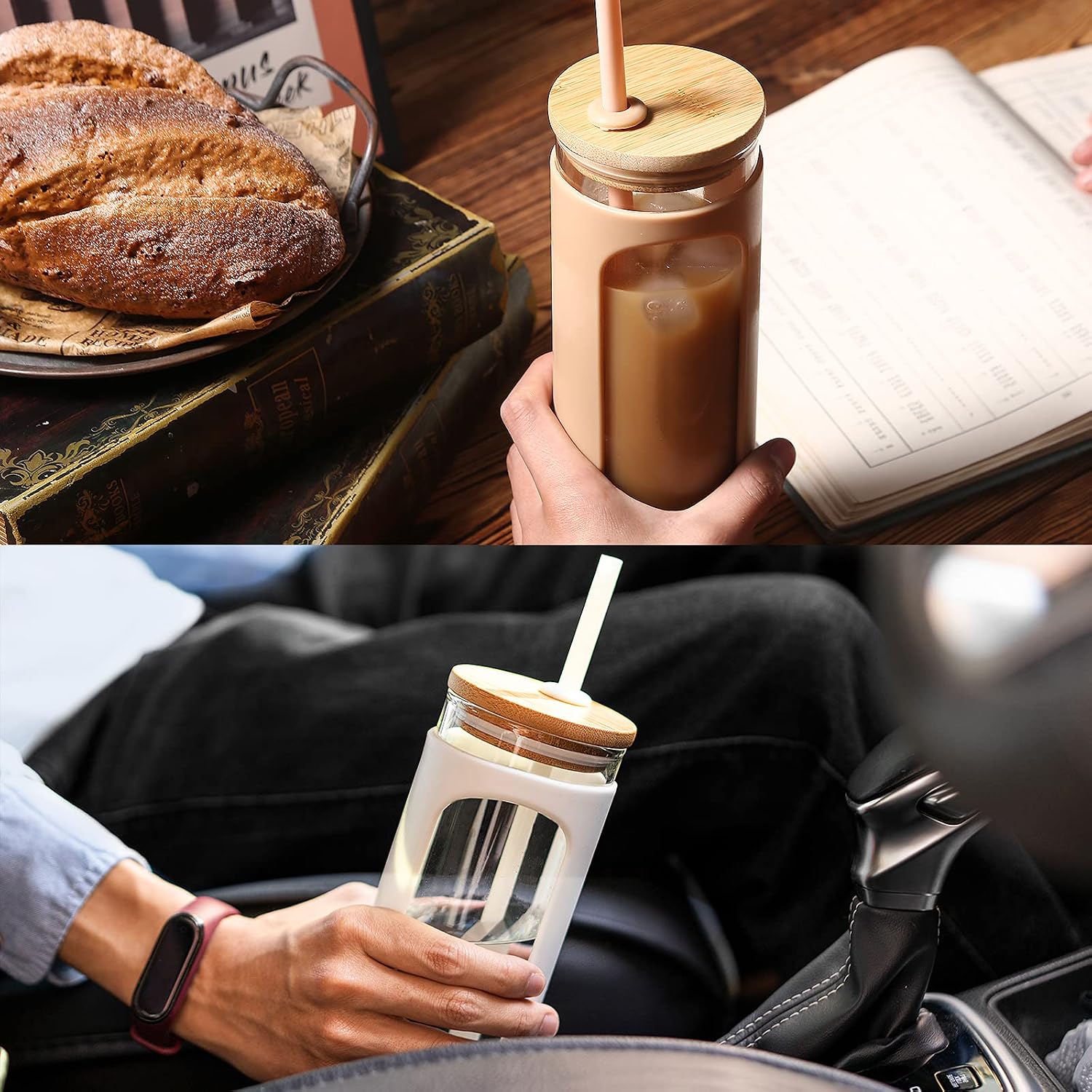 Thumbnail 2 de Kodrine 20oz Glass Water Tumbler with Straw, Bamboo Lid, and Silicone Sleeve (BPA-Free, Amber)