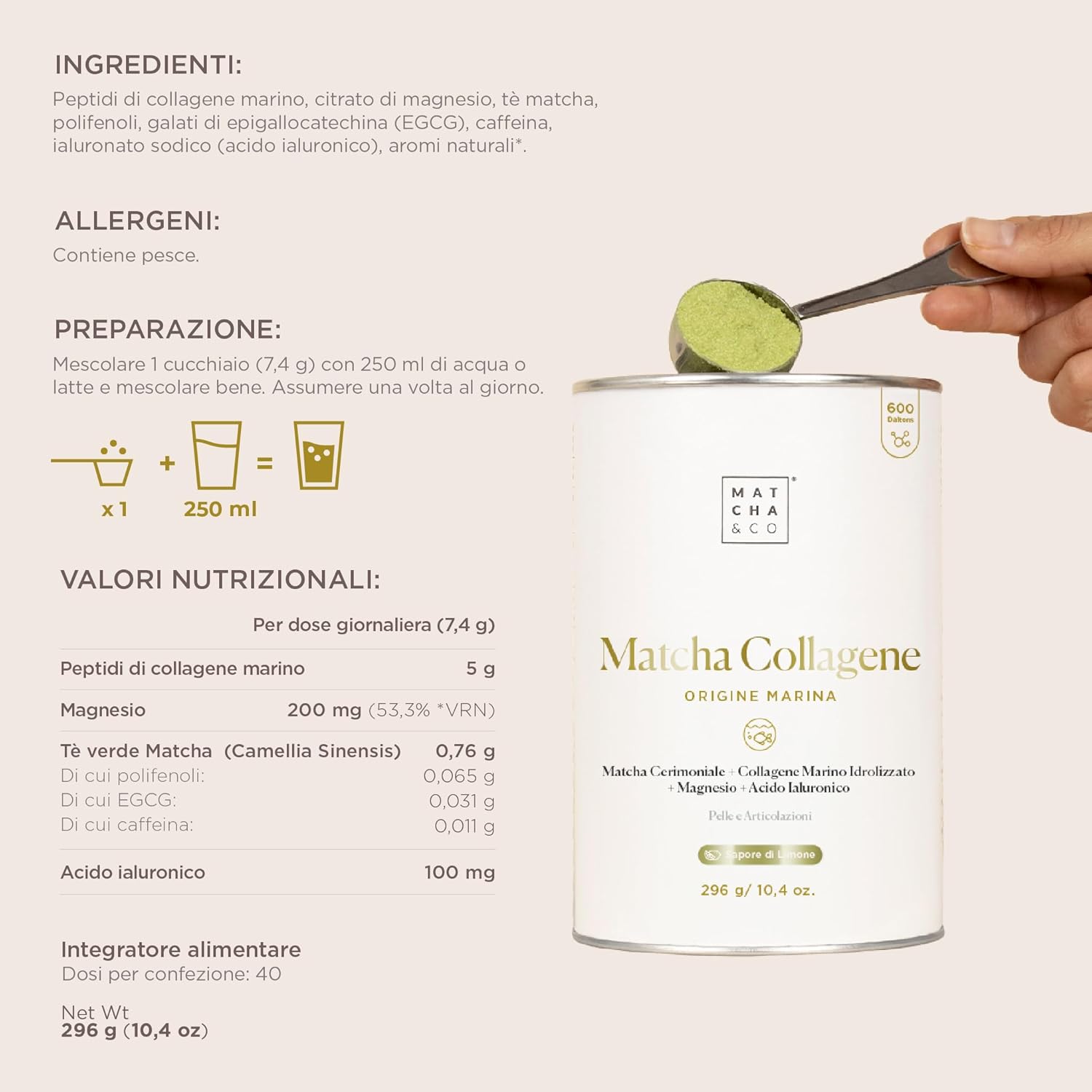 Detalle 2 de Collagene al Matcha: collagene marino con magnesio, tè matcha e acido Ialuronico – 296 g