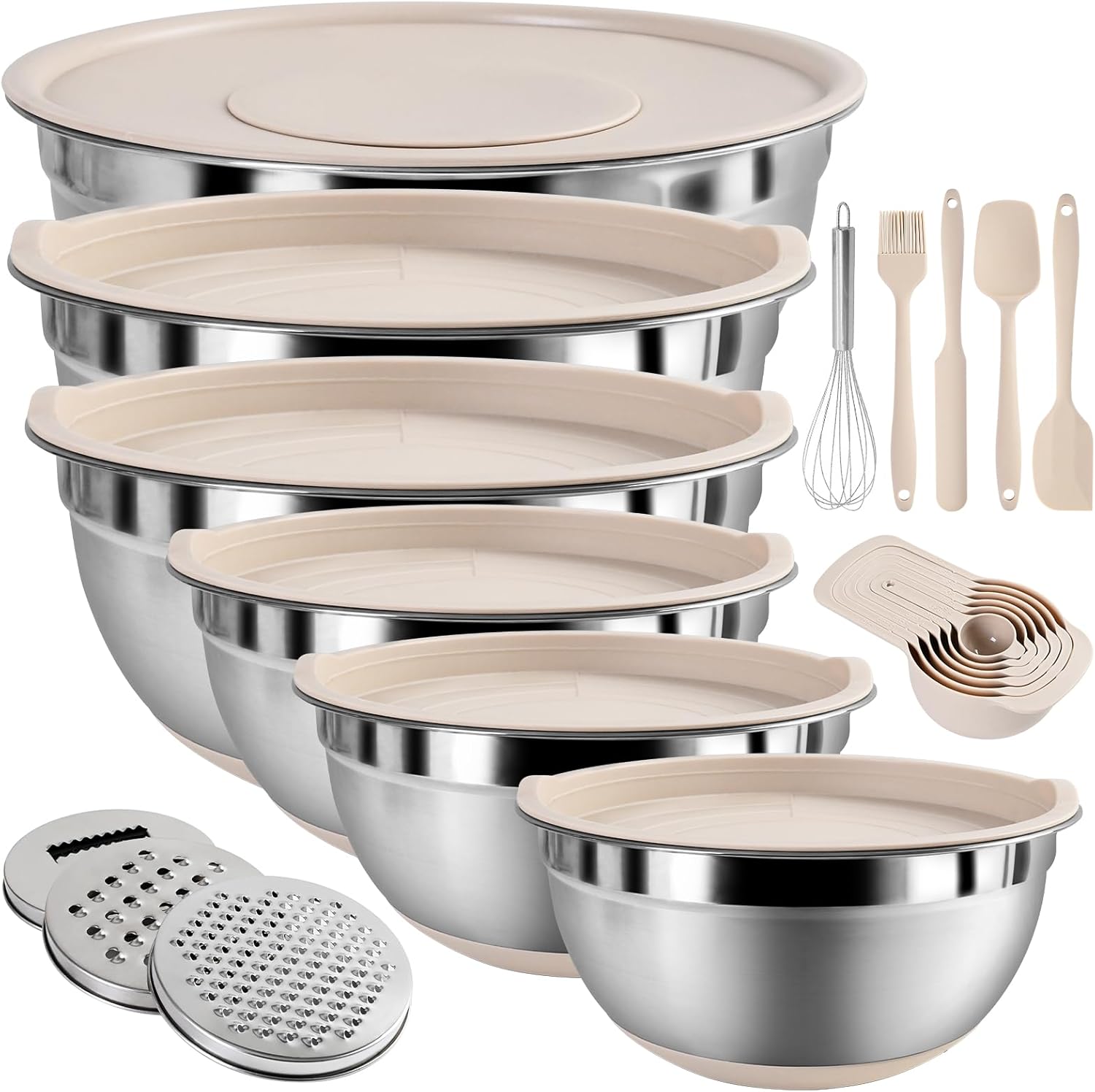 ENVTEK Mixing Bowls with Airtight Lids Set (20-Piece) with Stainless Steel Bowls, Grater Attachments & Non-Slip Bases