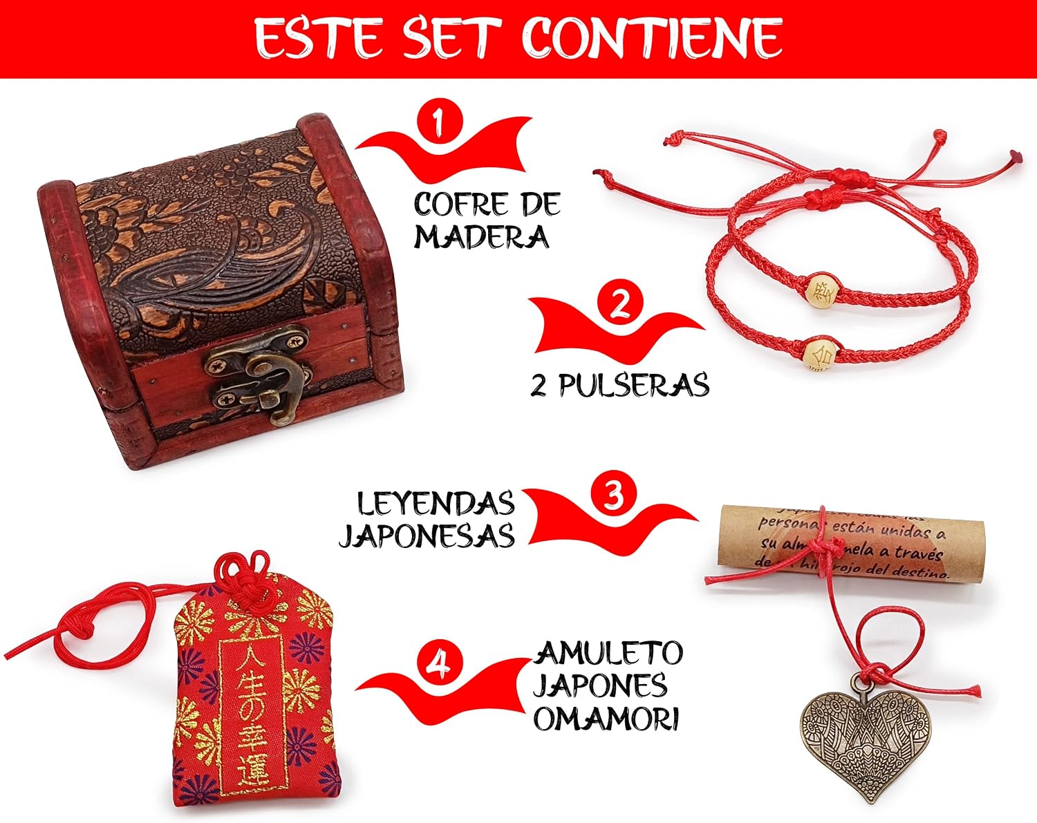 Detalle de AMOR CON PALABRAS Pulseras La Leyenda del Hilo Rojo del Destino con cofre, amuleto Omamori y símbolo de amor