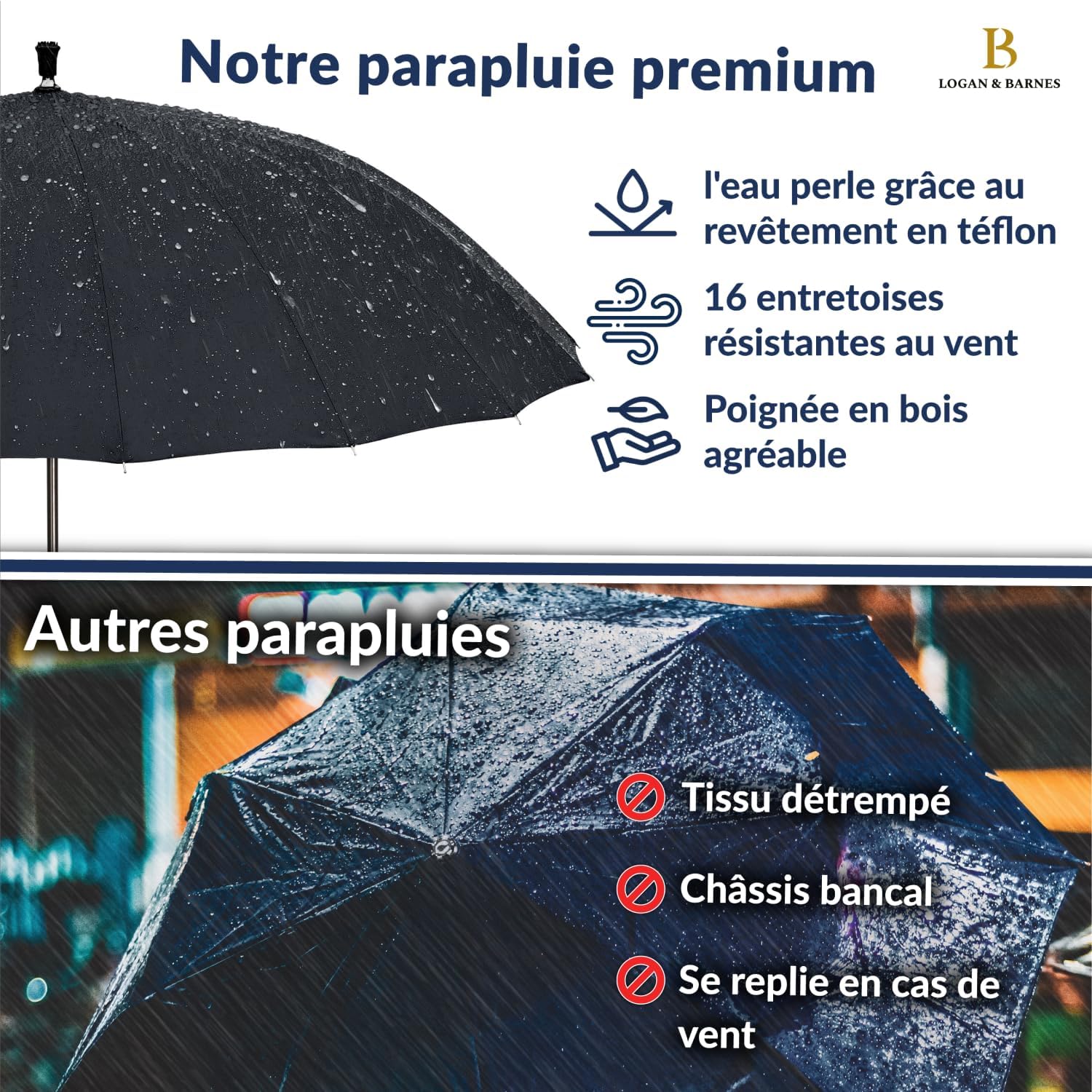 Thumbnail 1 de LOGAN & BARNES Parapluie résistant à la tempête Ø120cm – Grand parapluie XXL EDINBURGH, 16 baleines
