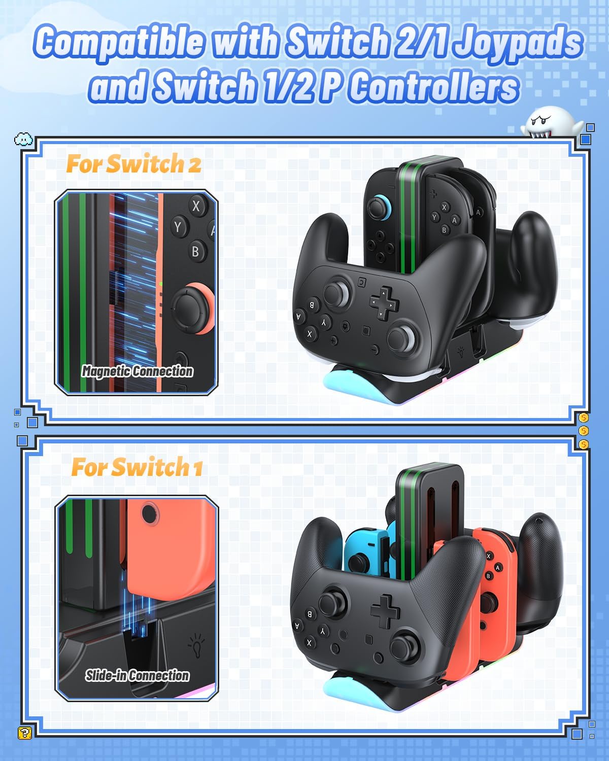 Thumbnail 2 de FASTSNAIL Charging Dock for Nintendo Switch 1/2 Controllers (9 RGB Lighting, Magnetic Storage)