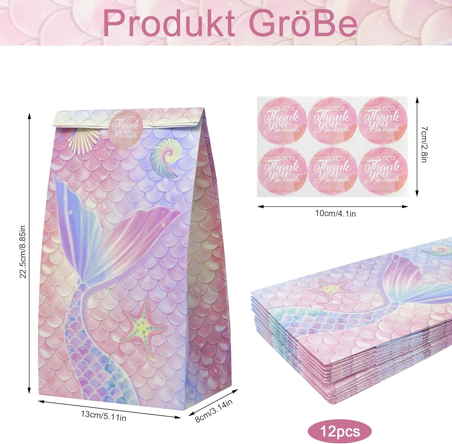 Thumbnail 1 de 12 Geschenktüten „Meerjungfrau“ aus Kraftpapier (mit Aufklebern), Set für Süßigkeiten & Party-Goodies