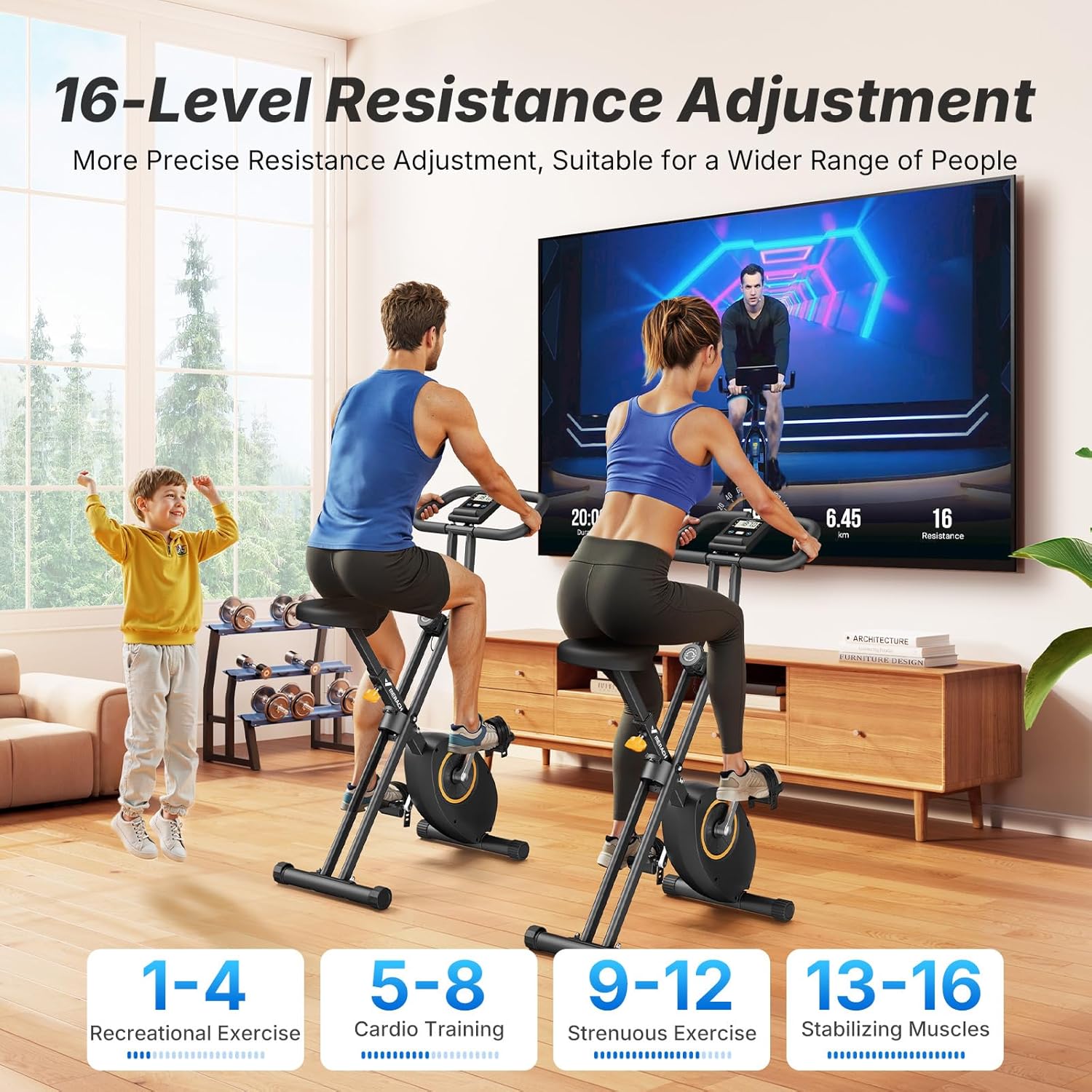 Thumbnail 3 de MERACH Folding Exercise Bike – Space-Saving Home Trainer with 16-Level Magnetic Resistance