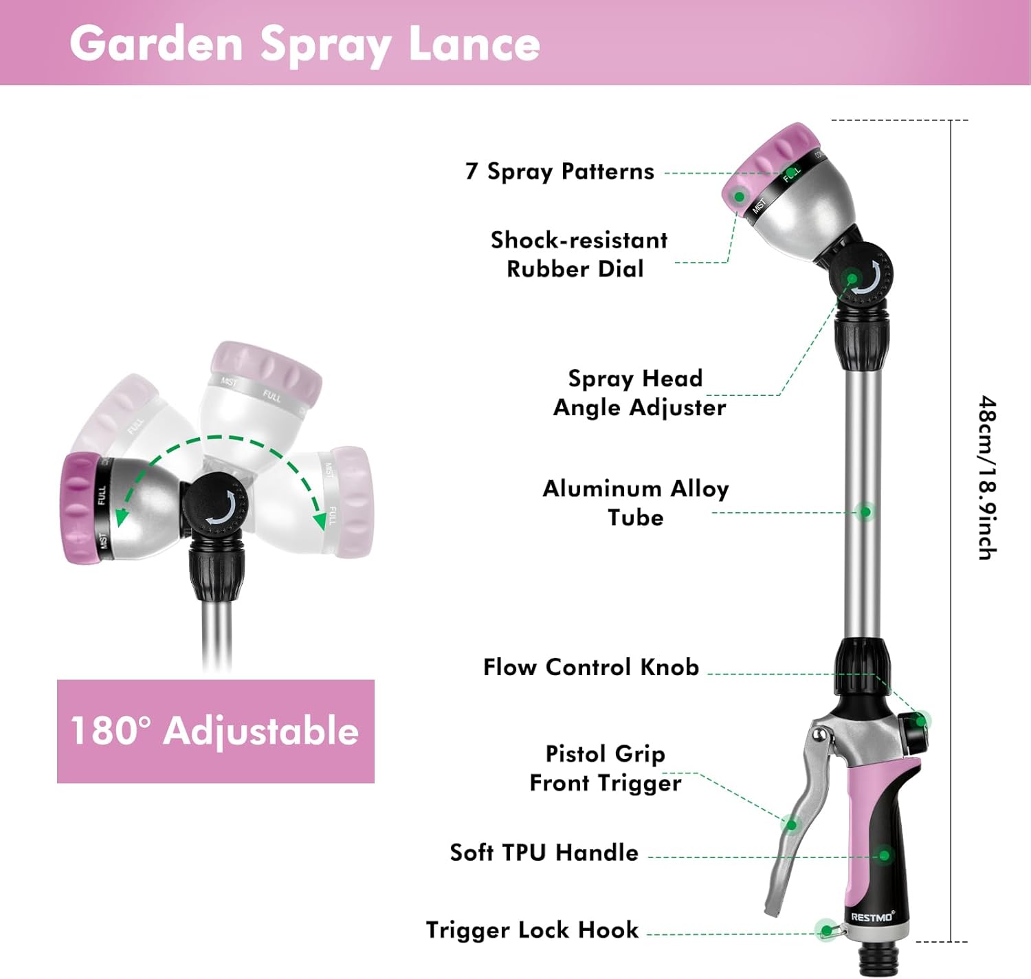 Thumbnail 1 de Restmo 48cm Watering Lance with 180° Adjustable Ratcheting Head & 7 Spray Patterns