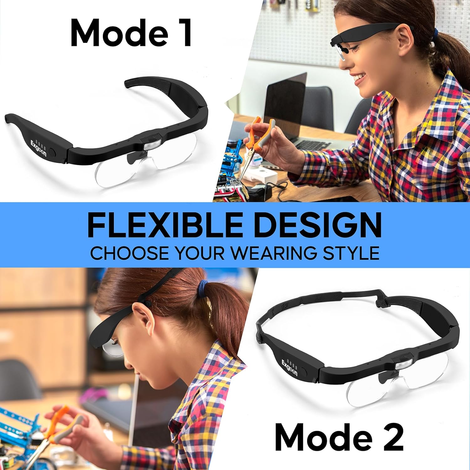 Thumbnail 3 de Exgoon Loupe avec lumière, loupe 1,5X à 5X avec 4 lentilles détachables et bandeau mains libres rechargeable (Noir)