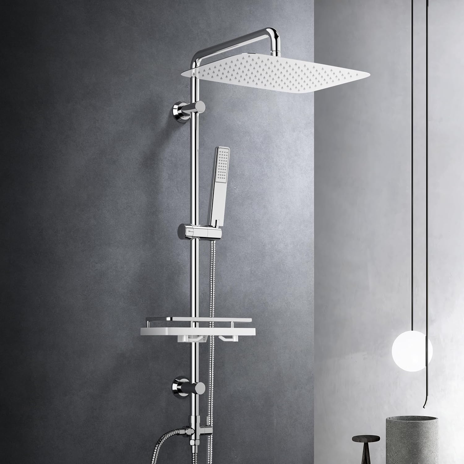 Detalle de Görbach colonna doccia in acciaio inox senza miscelatore con soffione 35x25 e asta doccia regolabile
