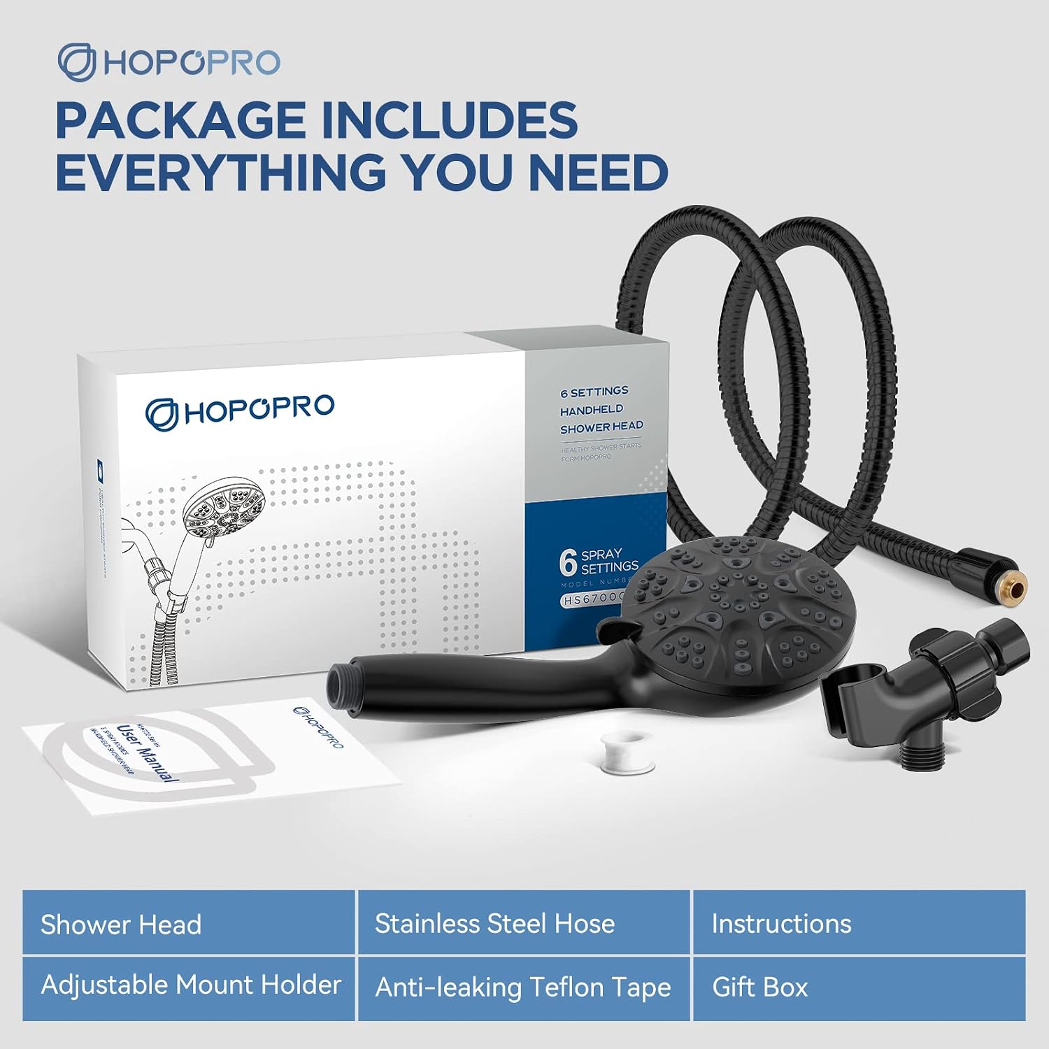 Thumbnail 6 de HOPOPRO 6-Mode Handheld Shower Head Set with 59-Inch Hose and Chrome Finish