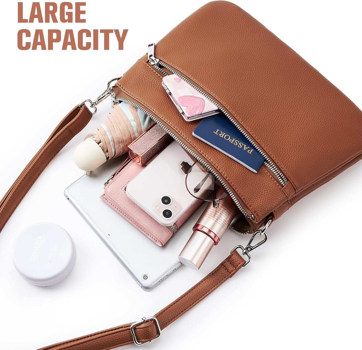 Detalle de KALIDI Crossbody Shoulder Bag for Women – Multi Pocket Vegan Leather, Adjustable Strap