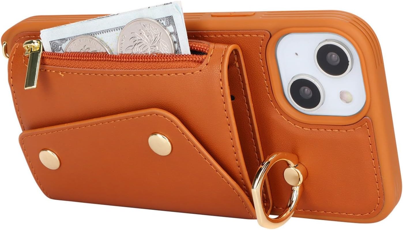 Thumbnail 6 de Zouzt iPhone 15 Plus Case with Card Holder, Zipper Wallet & Strap – PU Leather Brown