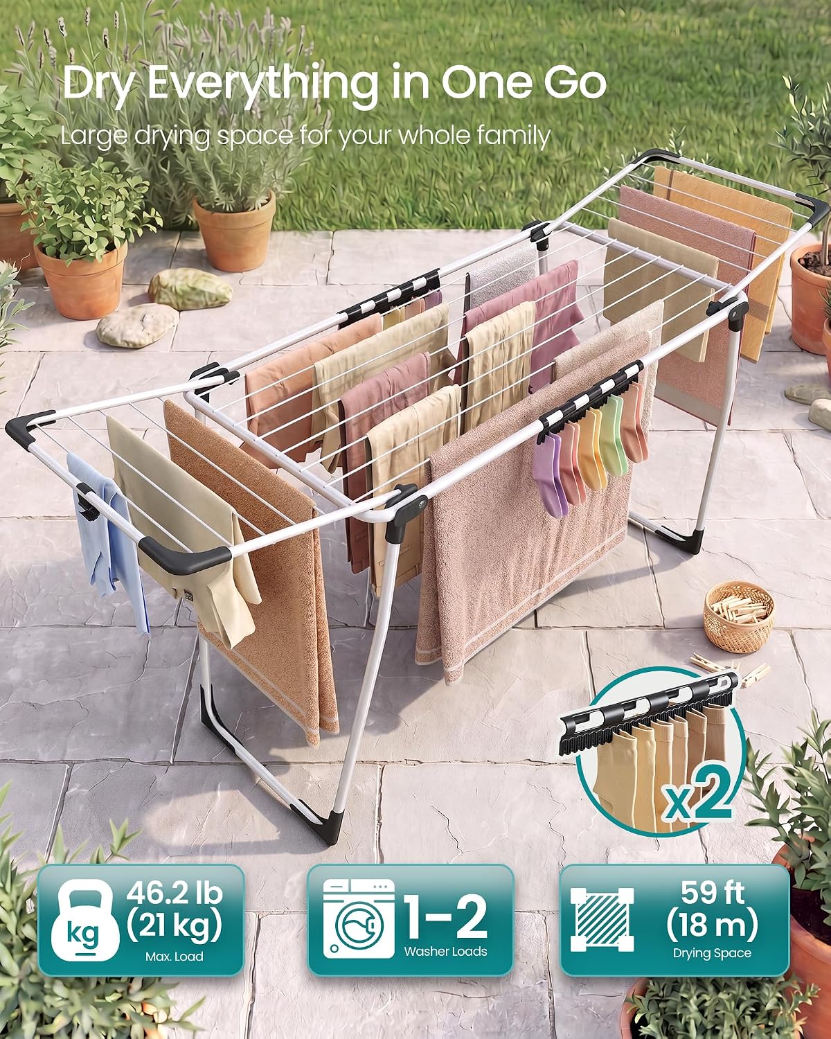 Detalle de SONGMICS LLR518W01 BUNJI Winged Clothes Airer, 18 m Drying Space