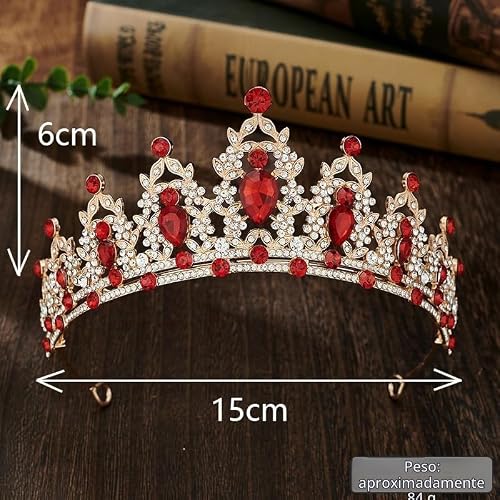Detalle 2 de HPMAISON tiara de corona con cristales rojos y diseño de hojas