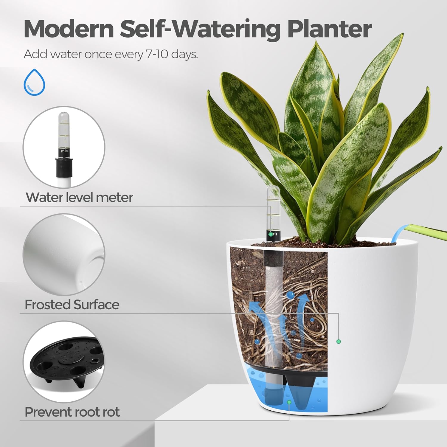 Detalle de T4Uvaso bianco 18 cm con sistema di autoirrigazione — set da 4 vasi per interno ed esterno