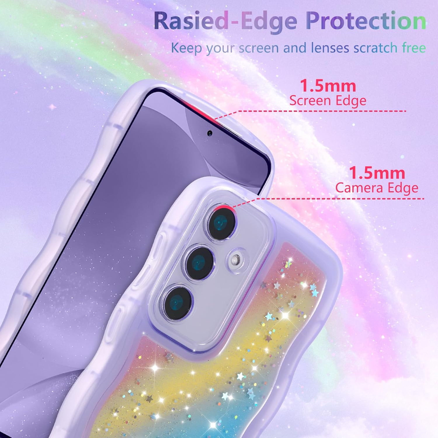 Thumbnail 1 de ZTOFERA Galaxy A15 4G/5G Case (6.5") — Curly Wave TPU Cover with Rainbow Star Glitter, Clear TPU Shockproof Phone Protection