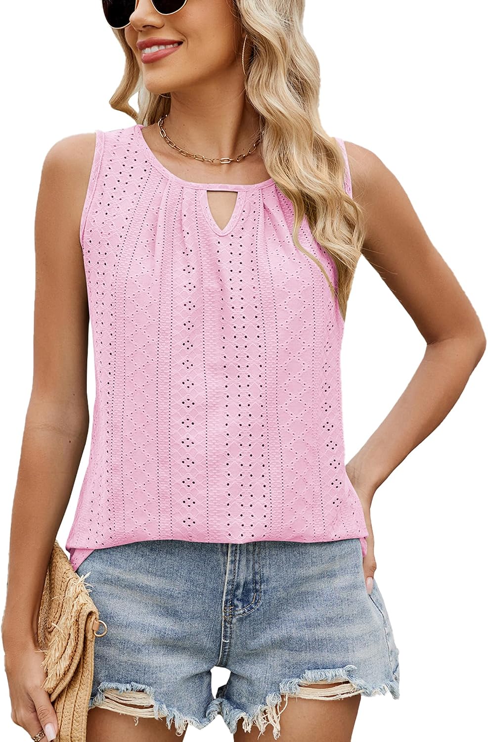 Thumbnail 6 de iChunhua Women's Vests Keyhole Neck Eyelet Embroidery Pleated Sleeveless Summer Top