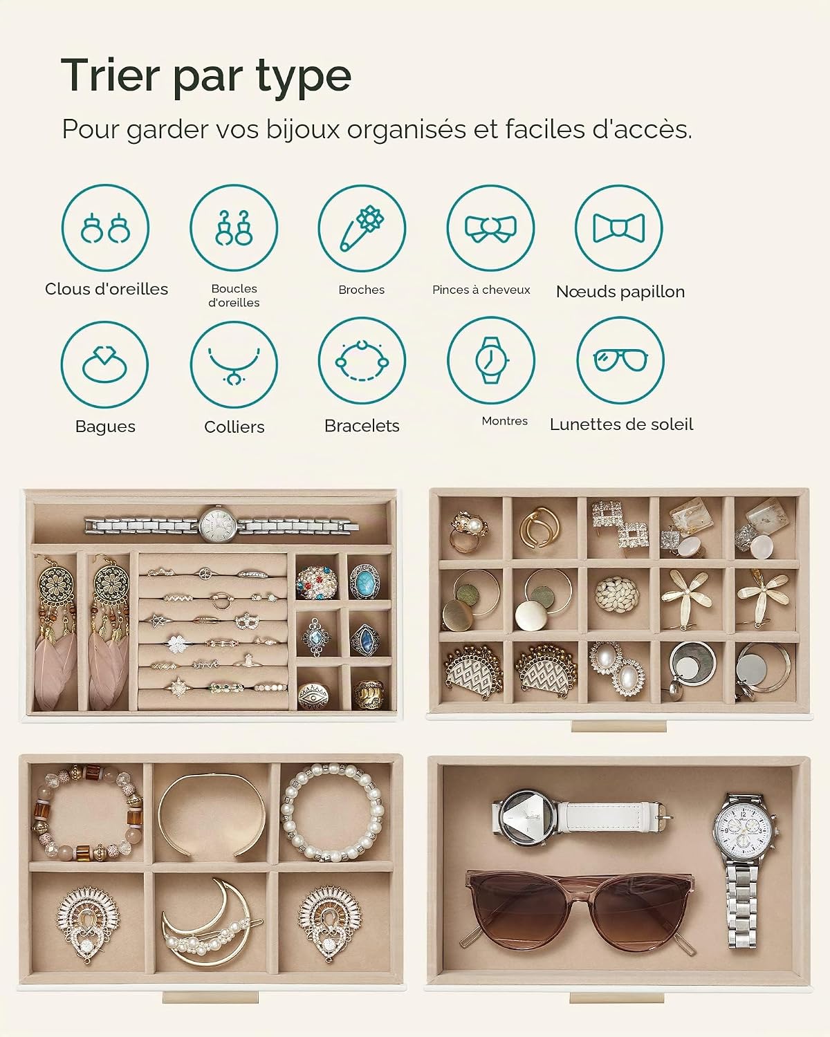 Detalle de SONGMICS GISELLA – boîte à bijoux et écrin à accessoires à 4 niveaux, couvercle en verre, 3 tiroirs