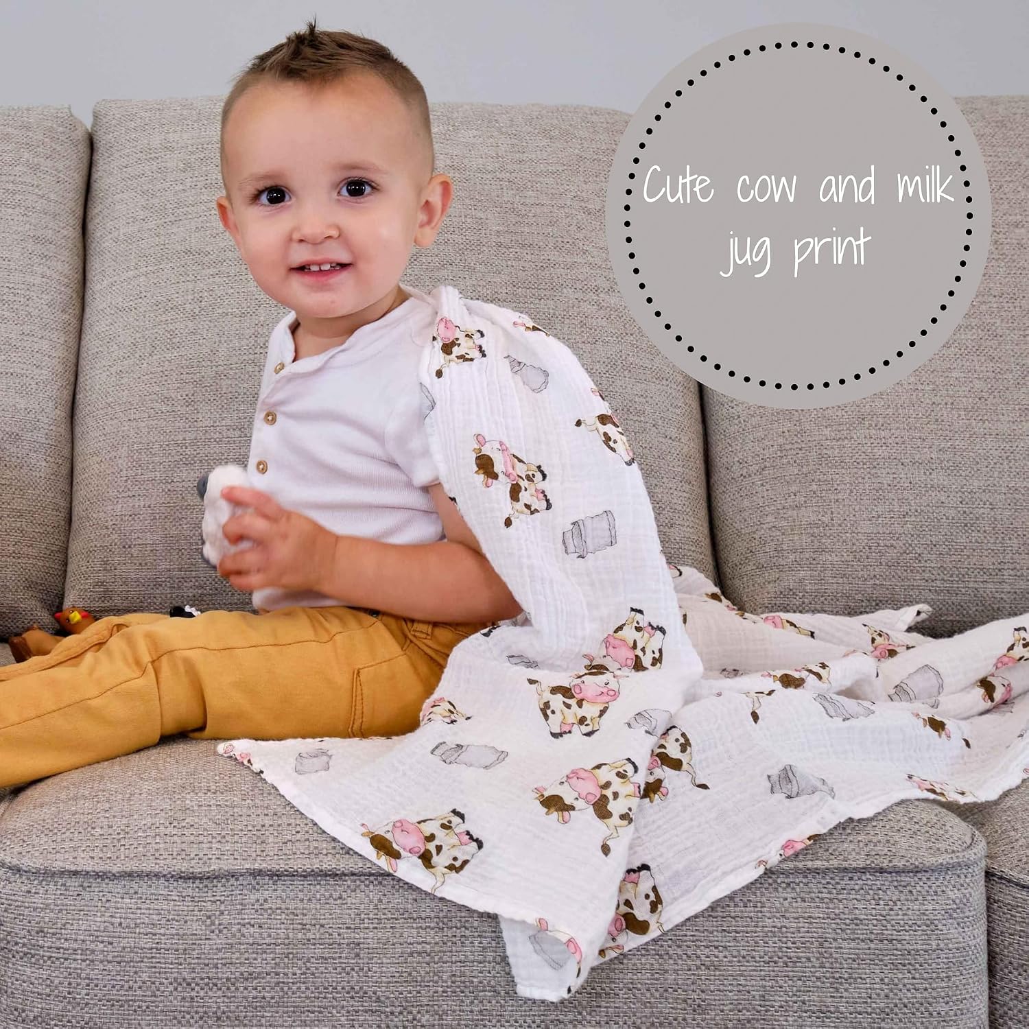 Thumbnail 1 de LollyBanks Muslin Swaddle Blanket, 47 x 47 in Organic Cotton, Cow Design