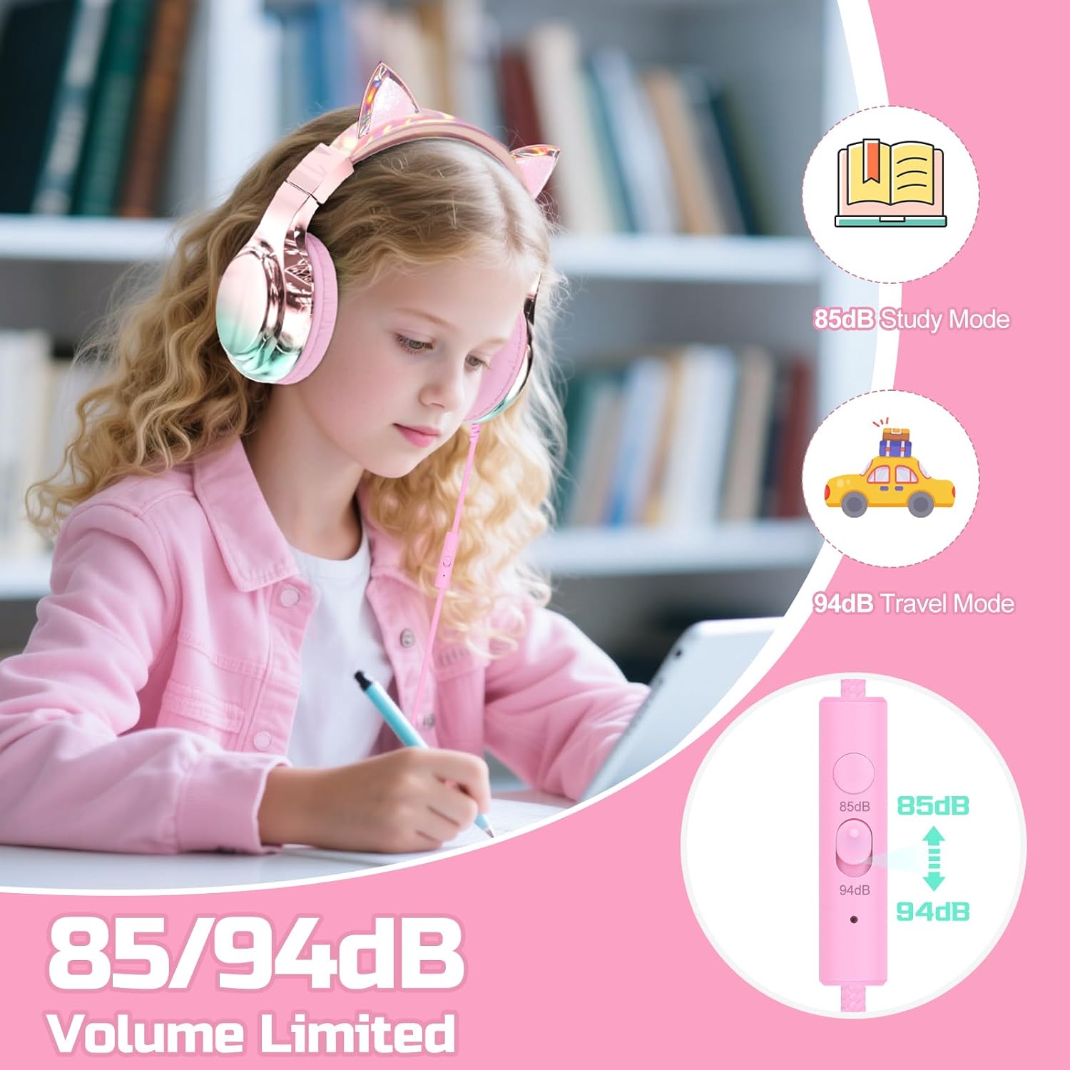 Detalle de Kids cat ear headphones with mic, 85dB