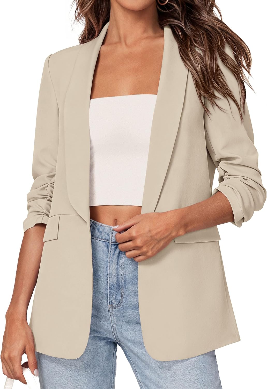 Detalle de PRETTYGARDEN Women's Lightweight Blazer, Ruched 3/4 Sleeves, Shawl Lapel