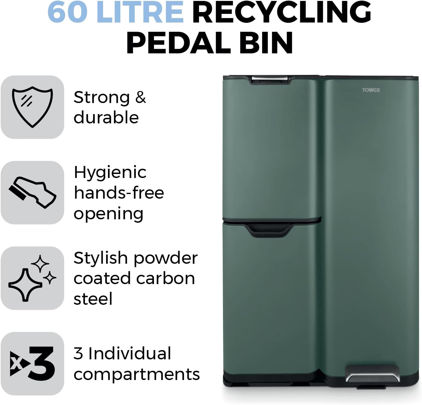 Thumbnail 1 de Tower Recycling Pedal Bin, 60L, Forest Green – Three Compartments with Removable Inner Buckets (T838024FOR)