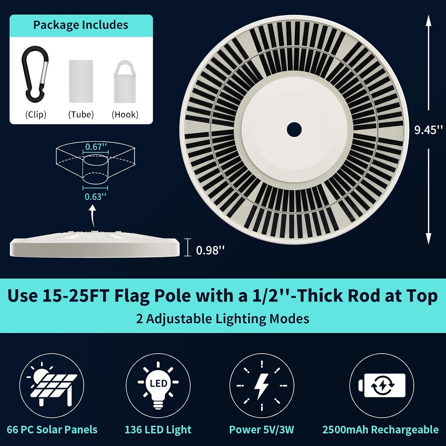 Detalle de HOOPLE Solar Flag Pole Light 136 LEDs