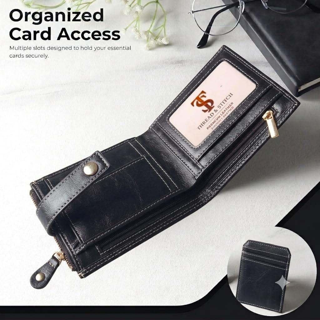 Thumbnail 2 de Thread & Stitch Leather Wallet for Men – Genuine Leather Bifold with RFID Protection