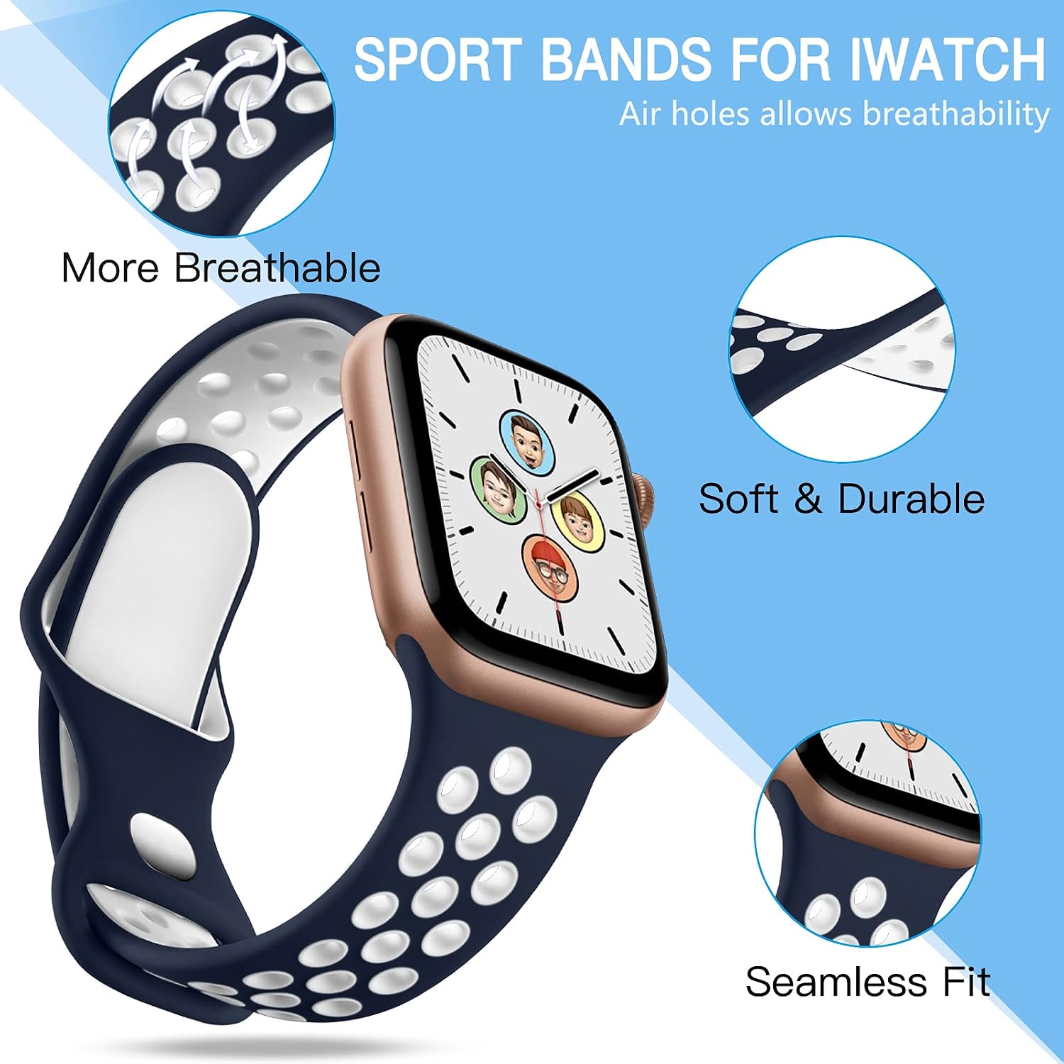Detalle de Adorve 4-Pack Sport Silicone Apple Watch Bands, Two-Tone and Ventilated
