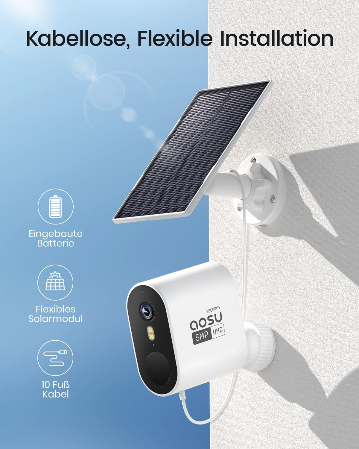 Detalle de aosu 3K 5MP Solar-Überwachungskamera Außen-Kit mit 4 Cam, 32 GB lokal (aosuBase) und Farb-Nachtsicht
