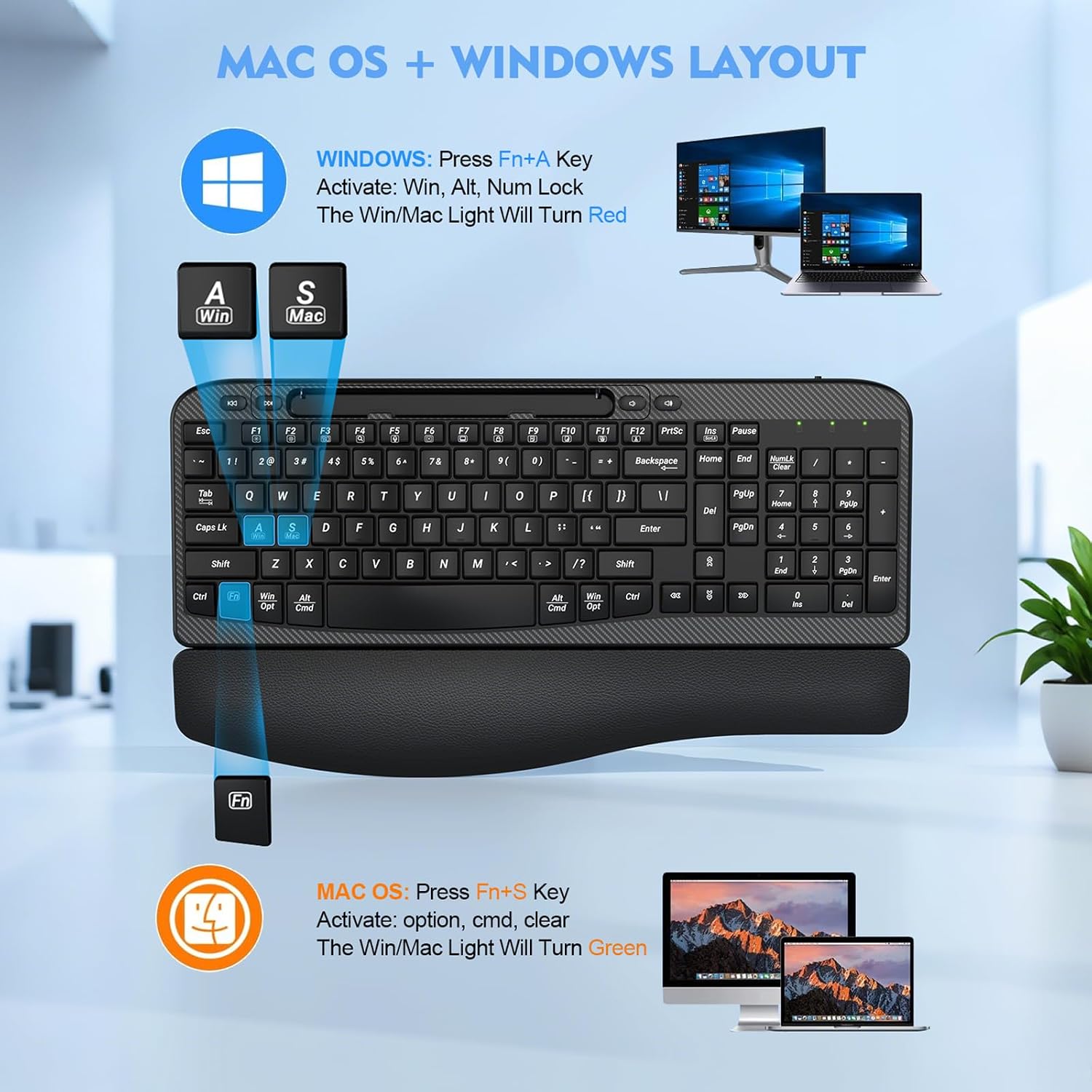Thumbnail 6 de Ergonomic Wireless Keyboard 2.4GHz Wave Keys