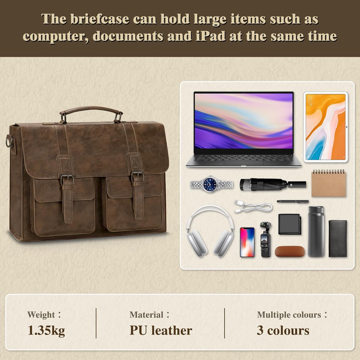 Thumbnail 6 de RAINSMORE Aktentasche Herren PU-Leder – wasserdichte 15,6 Zoll Laptoptasche, edle Umhängetasche für Büro und Uni