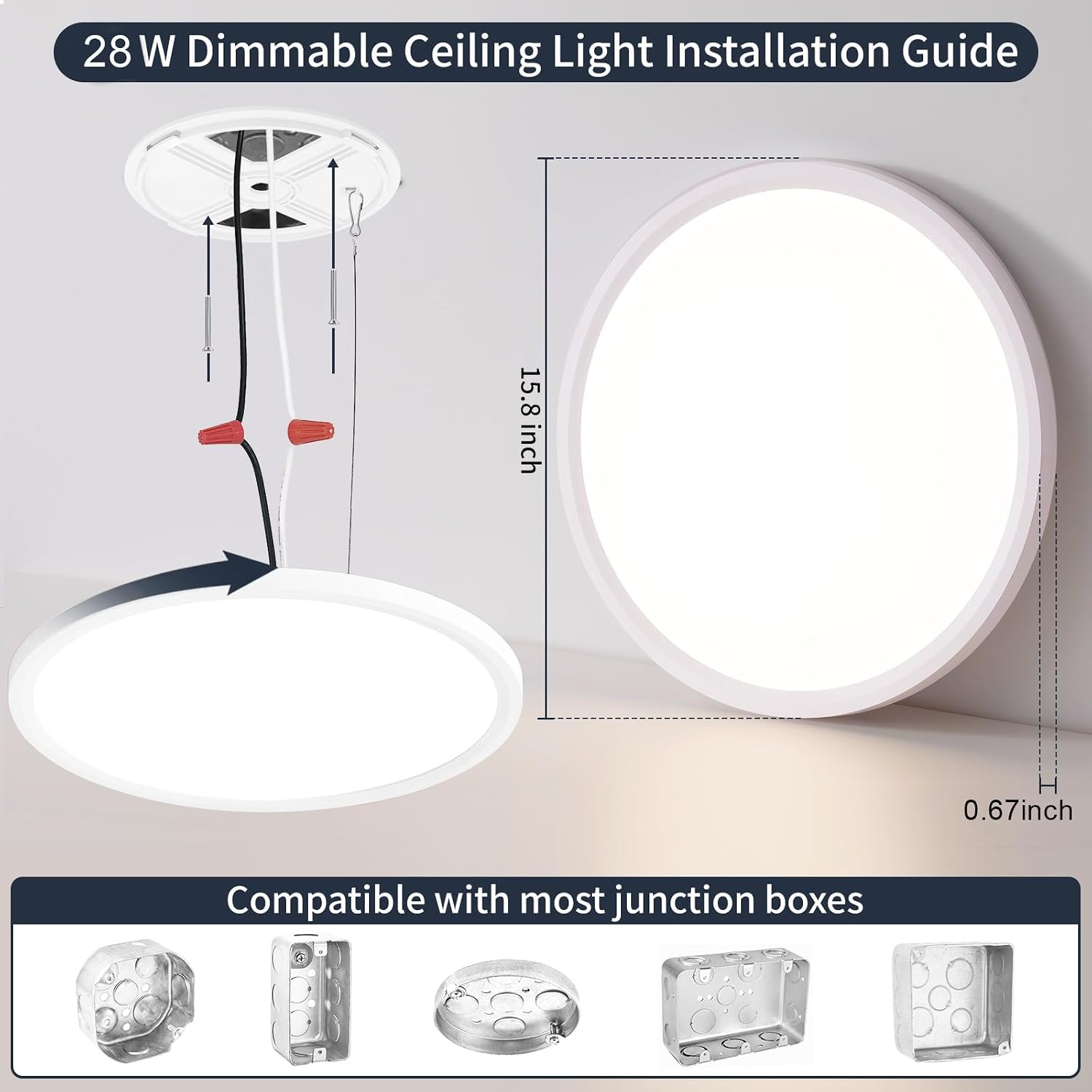 Detalle de KIWIVIC LT0113-BMGT 16-Inch Flush-Mount LED Ceiling Light, Dimmable
