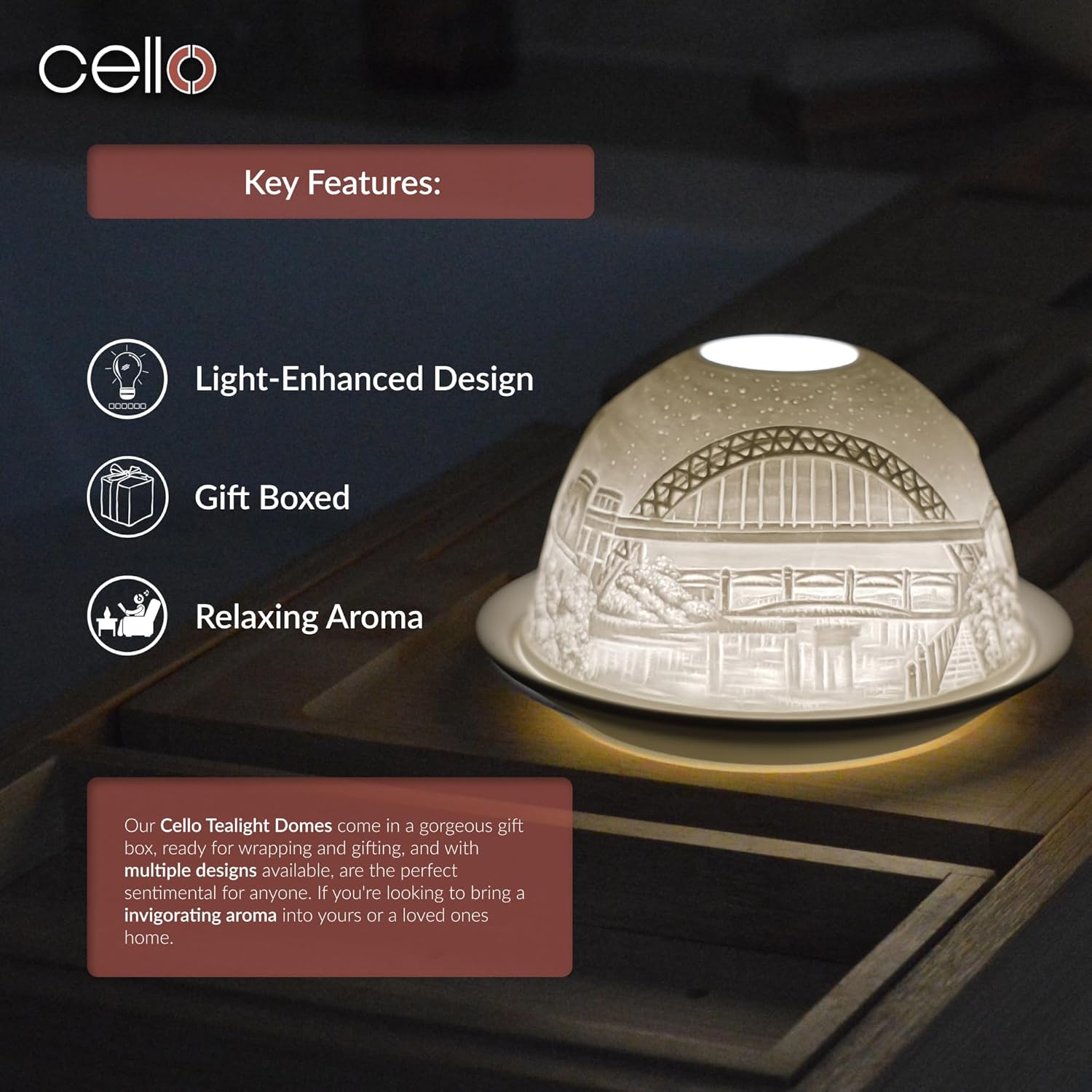Thumbnail 4 de Cello Porcelain Tealight Holder Dome – Tyne Bridge & Angel of the North 3D Projection Design
