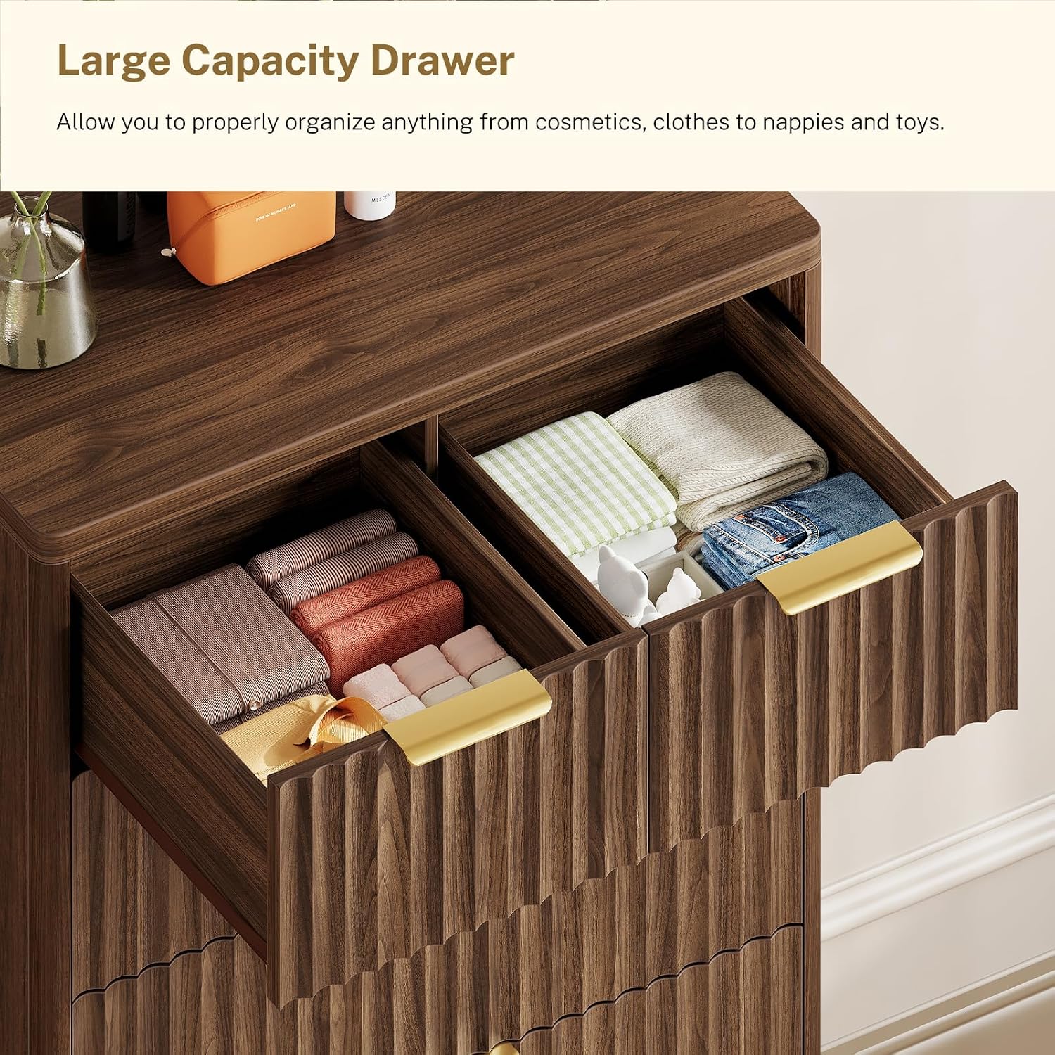 Detalle 1 de TEENFON dresser 7-Drawer Fluted Chest, Walnut, 48-Inch Tall