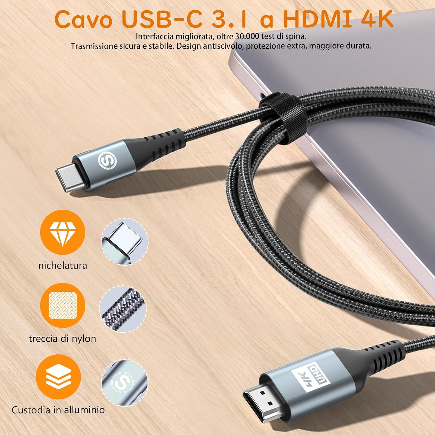 Detalle de AviBrex Cavo USB-C a HDMI 4K 2M — Adattatore da USB-C a HDMI per Thunderbolt 4 e dispositivi con DP Alt