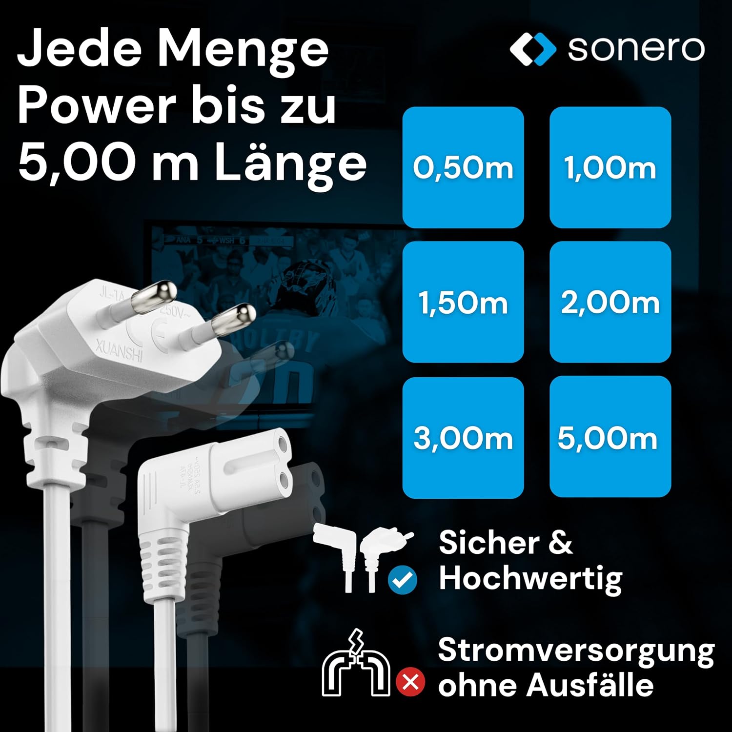Thumbnail 6 de Sonero Câble d’alimentation 2 pôles 2,0 m prise Euro Type C vers IEC C7 (angle 90°) blanc
