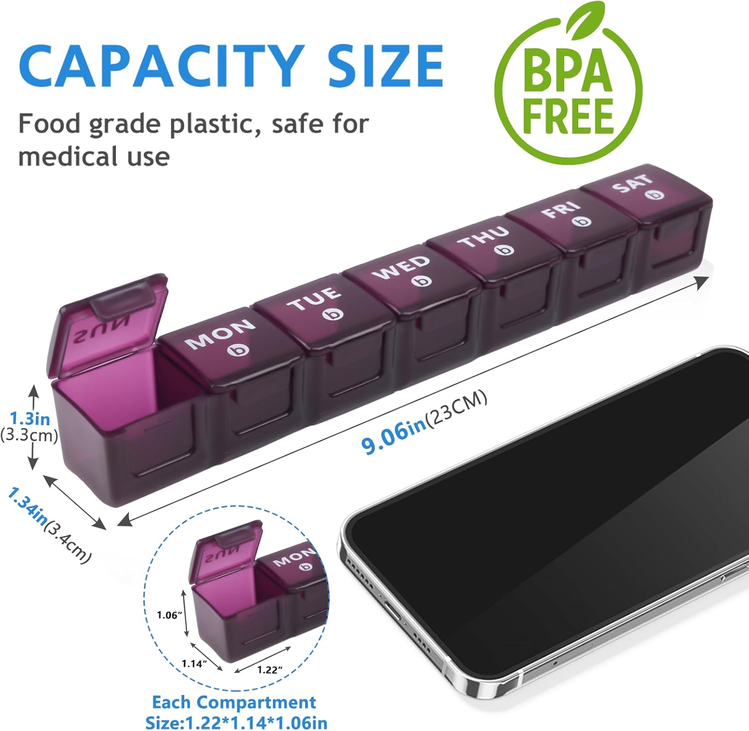 Detalle de Mossime Large Pill Box Organiser – 2-pack 7-day weekly travel pill case (AM/PM) with extra-large compartments