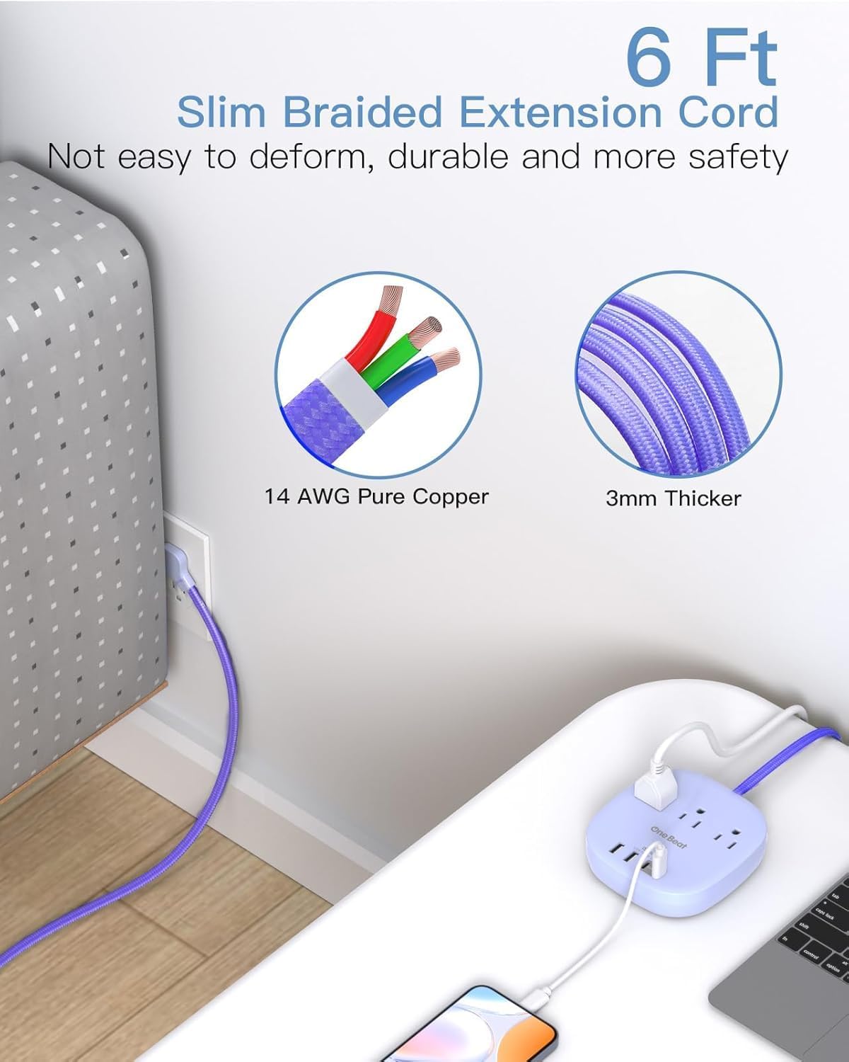 Detalle 2 de One Beat THUS03UC Power Bar, 6 ft Cord, Flat Plug, 3 Outlets and 4 USB Ports