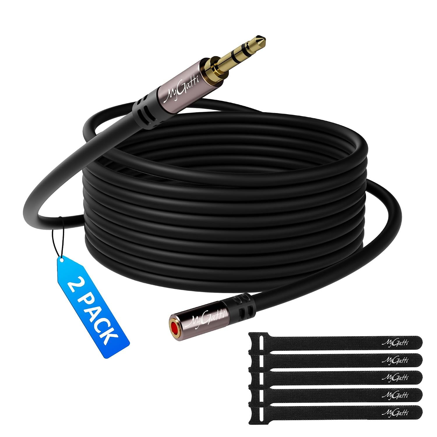 Detalle de Mygatti 3,5-mm Klinkenkabel-Verlängerung (1,5 m, 2 Stück) – Stereo Stecker auf Buchse mit OFC-Kern, schwarz
