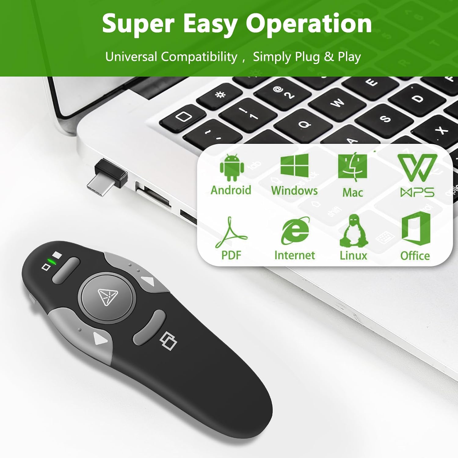 Detalle 1 de Kuiyn K100 Wireless Presentation Clicker with USB-A/USB-C Receiver and Red Pointer