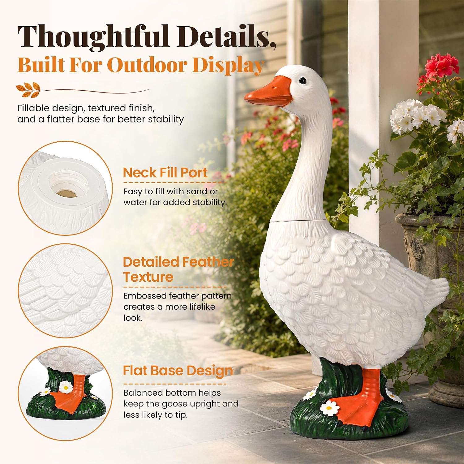 Detalle de GIGALUMI 11749 23-Inch Porch Goose Statue with Rotating Neck and Fillable Base