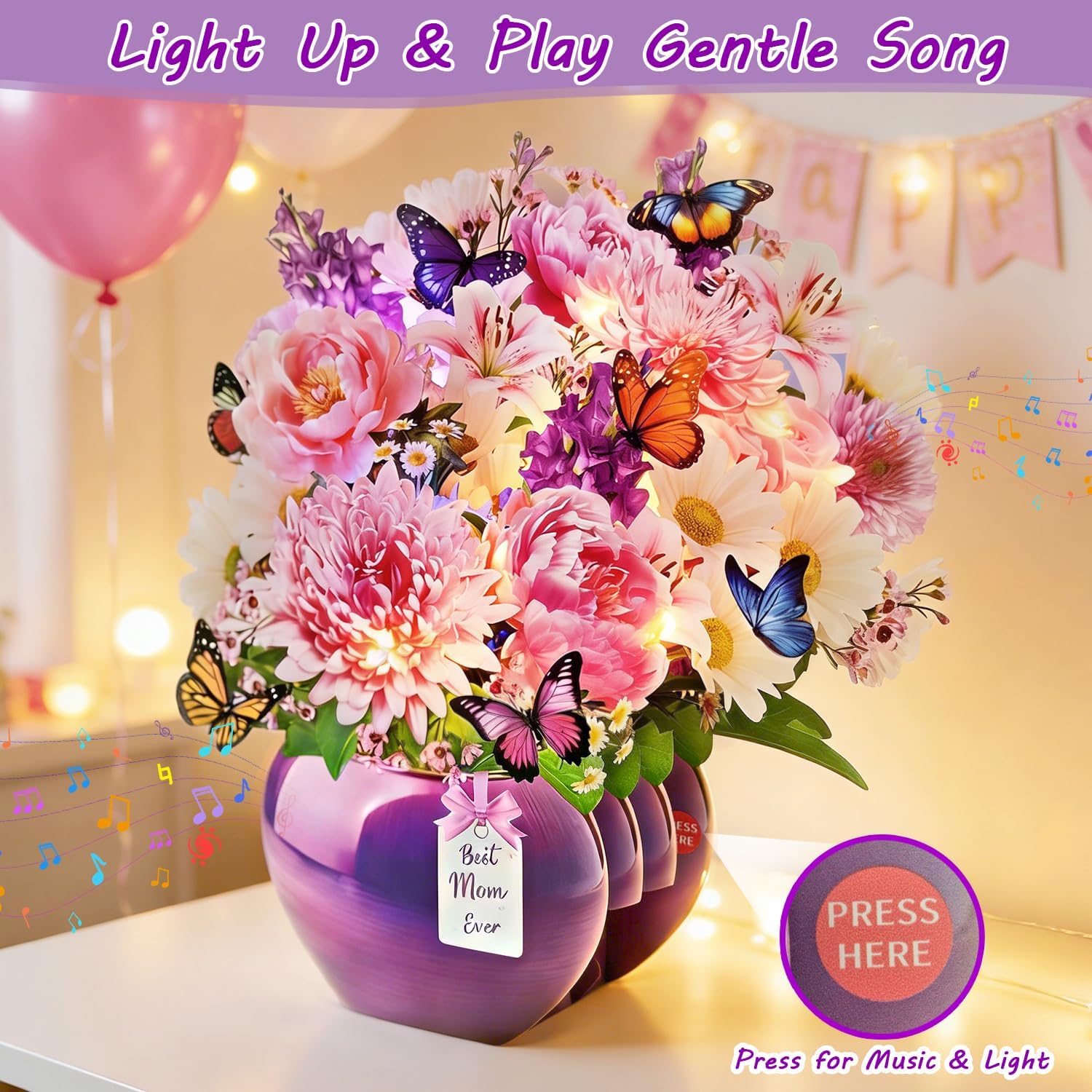 Detalle 2 de Rayilyn 3D Pop-Up Peony Thank You Card for Mom with Music and Lights