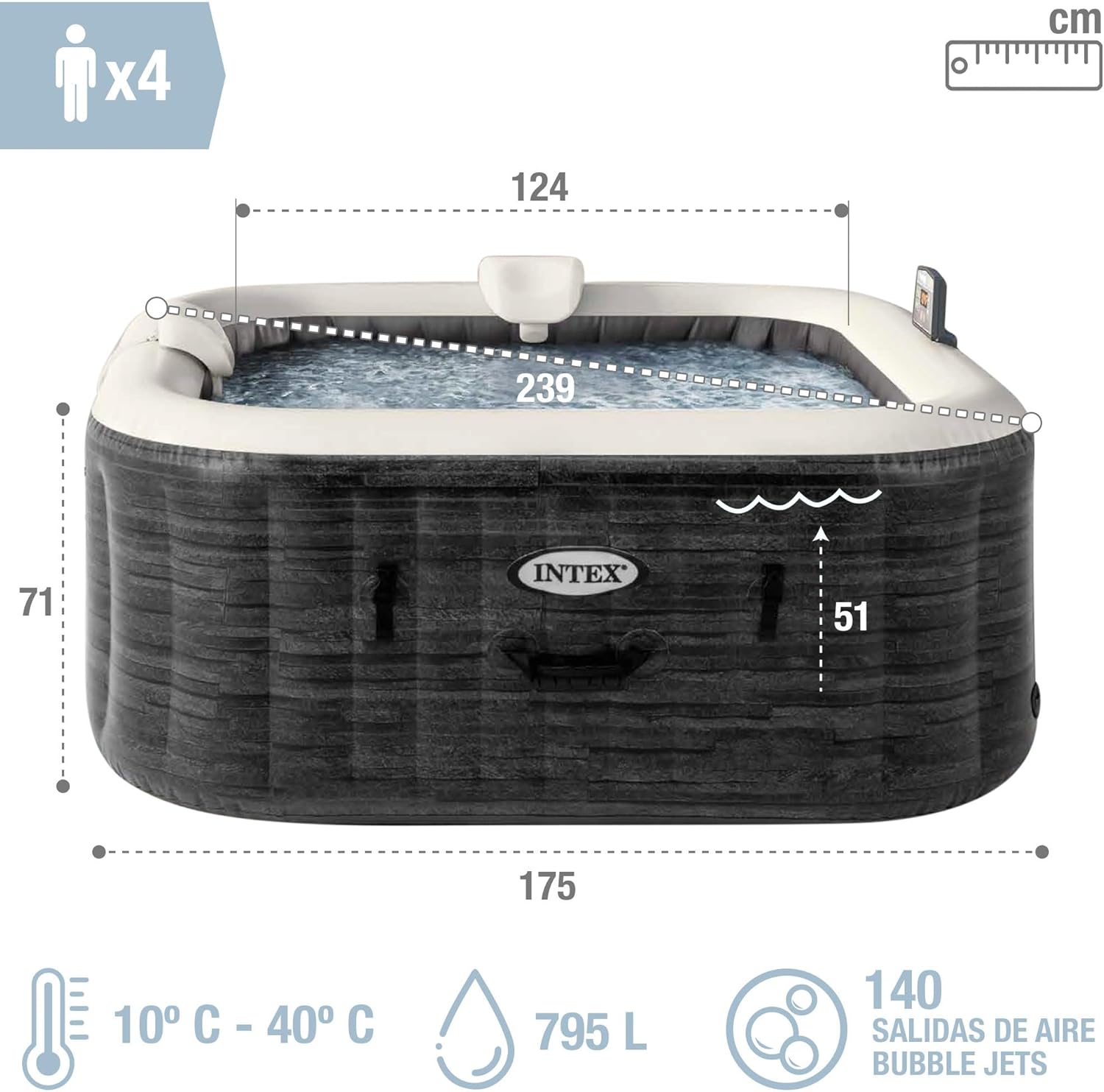 Detalle 2 de Intex Spa Hinchable Cuadrado Greystone Deluxe 4 Personas