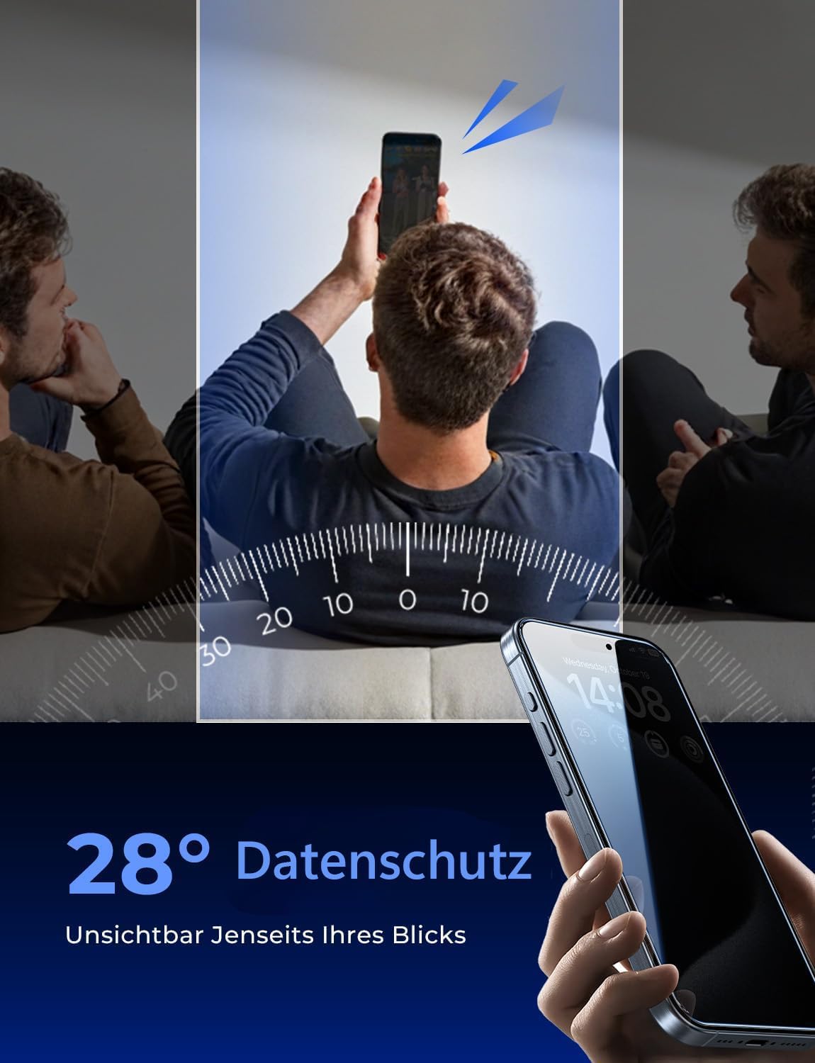 Detalle 2 de MAGIC JOHN 2-Stück Displayschutzfolie für iPhone 15 Pro (6,1 Zoll) mit Sichtschutz, 28° Blickwinkel, 9H, Staub-Entfernung und Blasenfrei-Installation