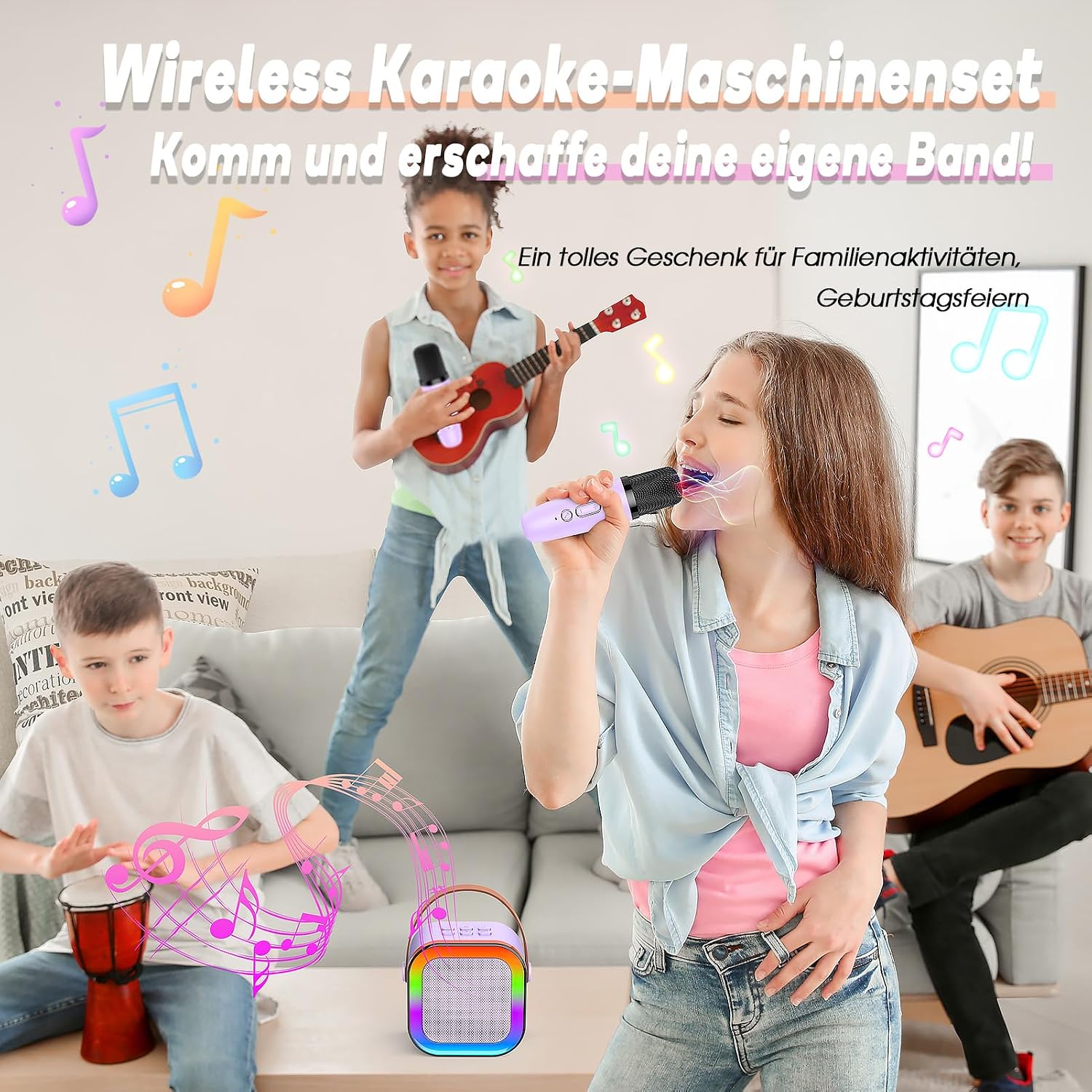 Thumbnail 6 de Dislocati Karaoke-Maschine für Kinder mit 2 Mikrofonen – Bluetooth, LED-Lichter und Sprachverwandlung