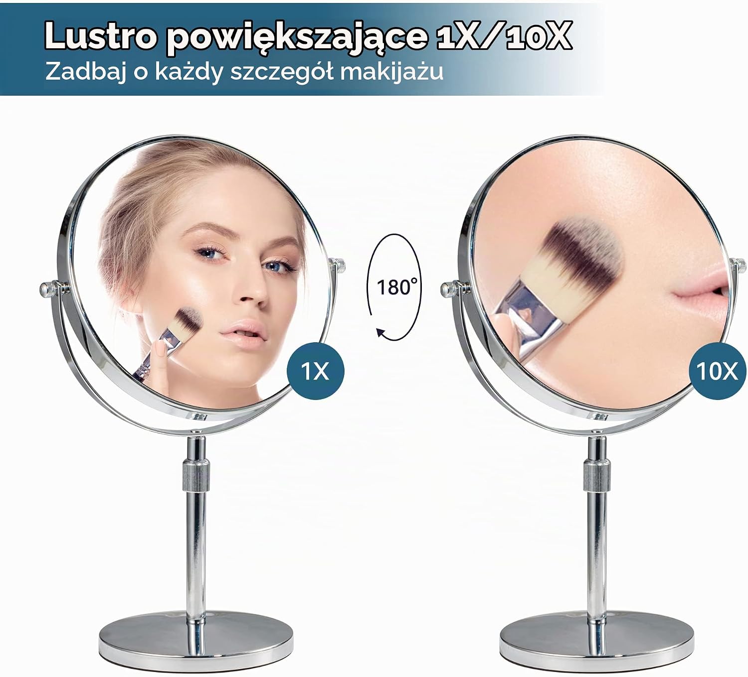 Detalle de HOMEMIRO – okrągłe lustro do makijażu, regulowana wysokość, 1x/10x, obrót 360°