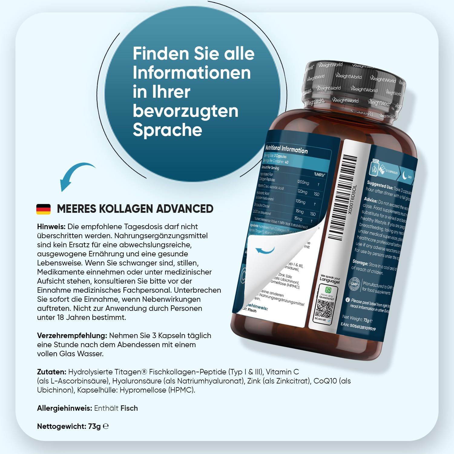 Detalle 2 de Marine Collagen Advanced – 1200 mg hydrolysierte Fischkollagen-Peptide Typ I & III (120 Kapseln) von WeightWorld